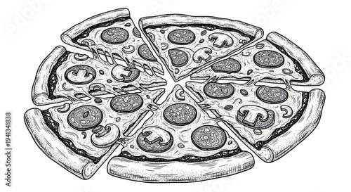 Hand-drawn Sliced Pepperoni Mushroom Pizza Sketch