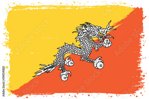 Flag of Bhutan. Created with Brush Strokes. Abstract Banner with Raw Artistic Texture