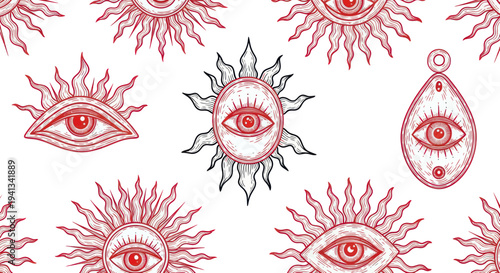 Mystical Sun Eye Symbols Pattern, Esoteric, Occult, Astrology, Celestial, Red Line Art