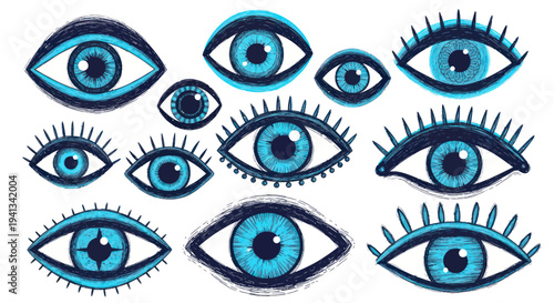Set of Diverse Blue Eye Illustrations with Eyelashes on White Background