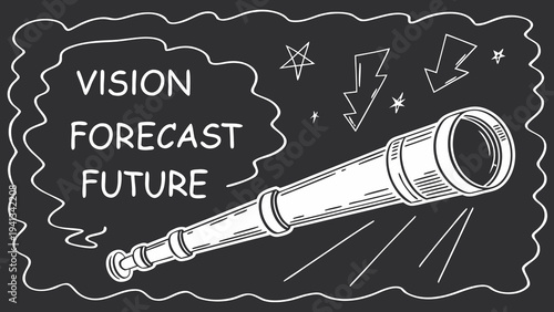 A conceptual vector illustration of a spyglass envisioning a futuristic vision for the future, symbolizing insight and prediction