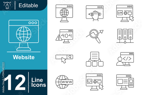 Website icon set. Web development, UI interface design, browser window, search bar, website analytics, server database, coding programming, internet technology and more. Line vector icons collection.