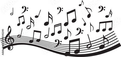 Musical notes and symbols floating on a staff line