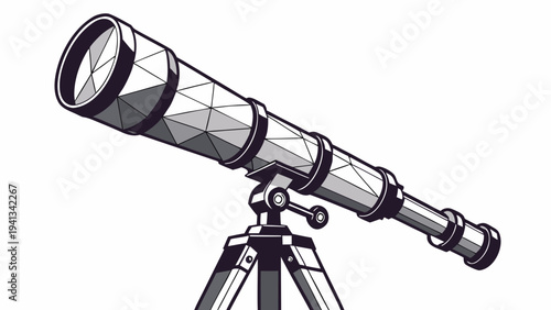 A detailed isometric vector illustration of a telescope on a tripod, showcasing its geometric design and observational capabilities.
