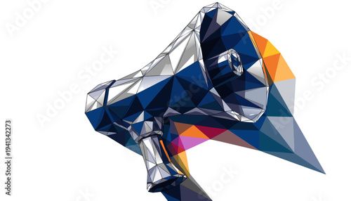 Detailed isometric vector illustration of a low-poly megaphone or loudspeaker in action, conveying announcements or messages