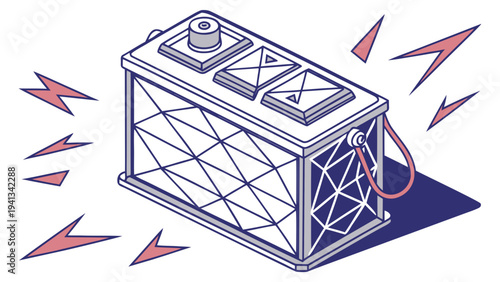A detailed vector illustration of a car battery being charged with electricity flowing into it