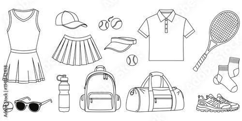 Tennis equipment illustration, sports gear artwork, athletic accessories design tribute, player essentials graphic, training outfit concept, competitive lifestyle theme flat vector illustration