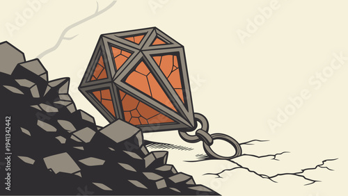 A grunge-style 3D vector illustration of a heavy dodecahedron chained to a rocky landscape