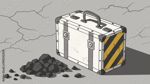 A grunge-style 3D vector illustration of an old metal case with coal fragments nearby on cracked ground