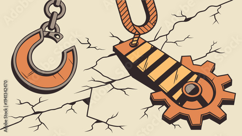 A highly detailed isometric 3D vector illustration of industrial machinery parts being lifted by a hook and rope against a cracked surface