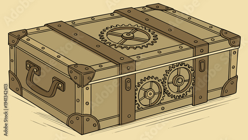 A hyper realistic 3D vector illustration of a steampunk treasure chest with mechanical gears and leather straps