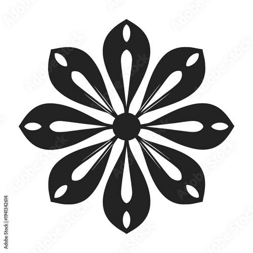 Black flower shape with pointed petals and oval cutouts decorative design element icon