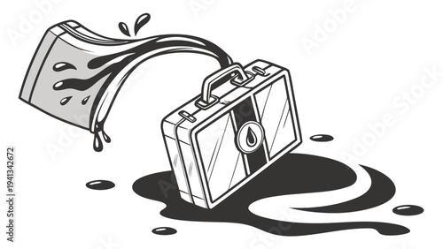 Modern abstract vector illustration of a fluid leaking from a damaged briefcase