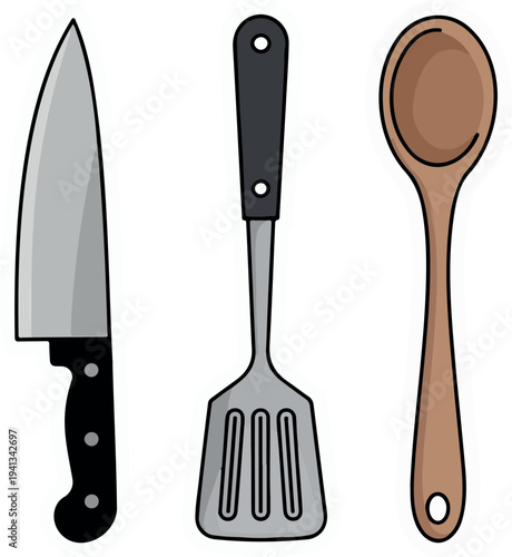 Kitchen utensil sticker set featuring chef knife metal spatula and wooden spoon with white outline on black background vector illustration