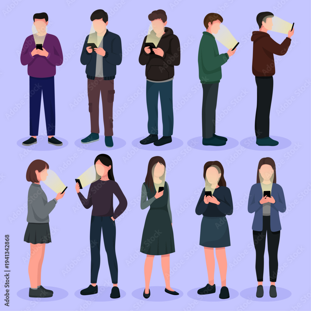 Obraz premium People using smartphones with glowing screens Young men and women addicted to mobile phones flat vector set