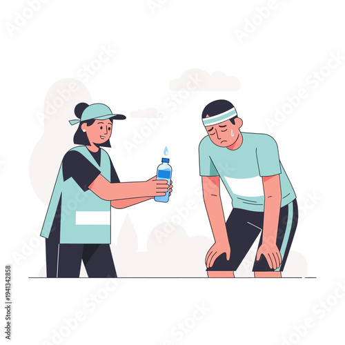 Athlete receiving water from a volunteer during a race.