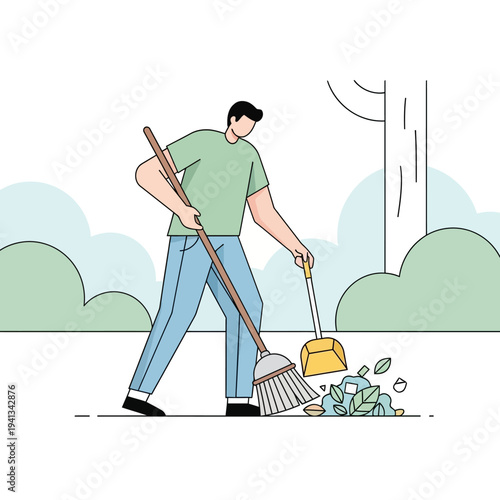 Man sweeping leaves in garden.