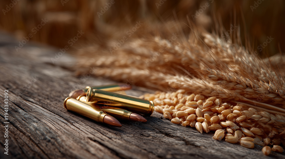 Naklejka premium Detailed macro of rifle bullets lying next to golden wheat grains on a rough wooden table, soft directional light emphasizing contrast, concept of armed conflict threatening global