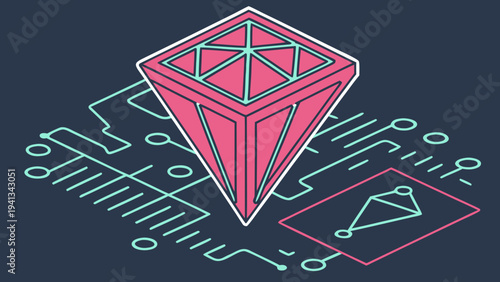 Isometric 3D Vector Composition of Cyberpunk Elements and Diamond Shapes in a Futuristic Environment