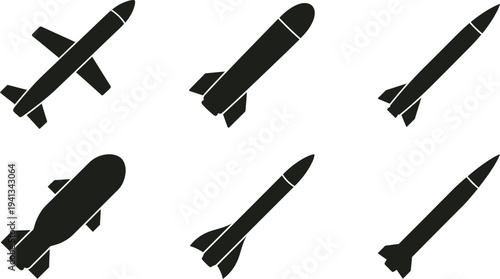 Six missile silhouettes flying in different directions vector illustration