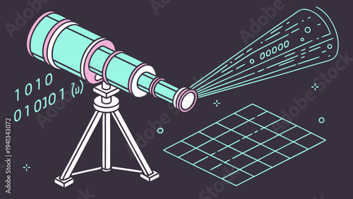 A 3D vector illustration depicts a telescope viewing a digital grid, showcasing intricate technology in a virtual environment from a diagonal viewpoint