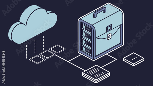 Isometric vector illustration of a secure briefcase connected to cloud storage via multiple devices