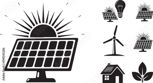 Renewable Energy Sources Solar Wind Power Icons Black White