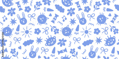 Seamless pattern of cute blue kids doodle elements on a white background. Hand drawn fun childish print. Vector illustration