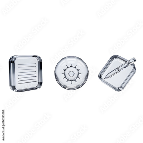 3D Glass Technology Icons Set – AI, Virtual Reality & Digital Network Symbols, Transparent Glassmorphism Crystal Style, Isolated on White Background