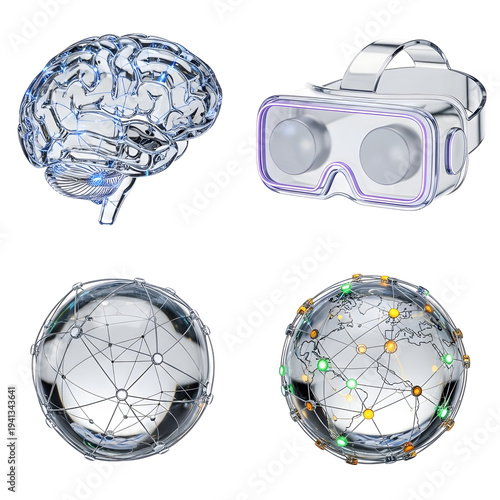3D Glass Technology Icons Set – AI, Virtual Reality & Digital Network Symbols, Transparent Glassmorphism Crystal Style, Isolated on White Background