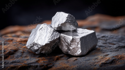 Detailed close-up of platinum nuggets resting on a textured dark rocky background, metallic surfaces catching soft lighting, representing wealth, mining discovery, and economic val