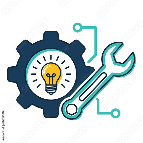 Cogwheel with light bulb and wrench for business solutions and innovation ideas icon