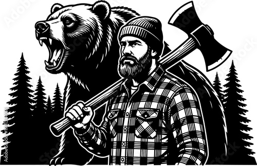 Lumberjack with axe and roaring bear in forest silhouette