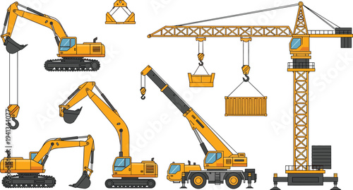Heavy lifting construction machinery set featuring tower crane, mobile crane and excavators handling cargo containers for engineering, logistics and building industry isolated on white background