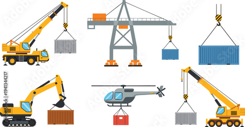 Industrial cargo lifting and logistics transport set featuring cranes, excavator and helicopter carrying shipping containers for freight, port and construction operations isolated on white background