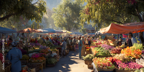 On a sunny summer day, vendors sell fresh produce, flowers, and handmade crafts at a lively outdoor market scene