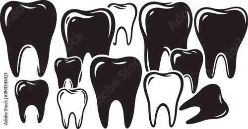 Black and white illustration of various teeth shapes sizes