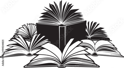 Stack of Open Books with Pages Spread Wide Illustration