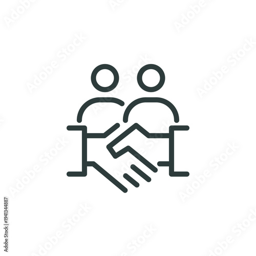 Conclusion agreement partnership deal thin outline icon. Minimalist line sign two hands in hand shake and two symbols man. Vector isolated pictogram perfect for web app or infographic editable stroke.