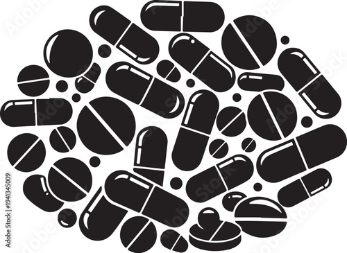 Black and white illustration of various sized medicine capsules