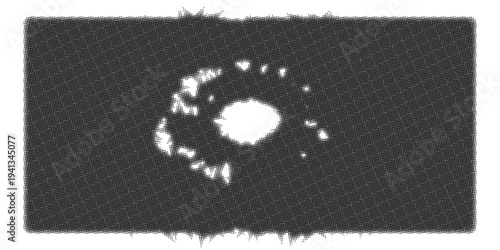 A grunge design of a yin yang symbol made of stones features a black and white pattern with a textured paint illustration on dark asphalt