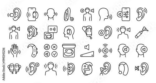 Hearing Instrument Icon Set: Outline Icons for Audiology Clinics, Medical Catalogs and Hearing Health