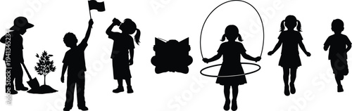 Diverse set of happy children silhouettes playing, jumping rope, planting trees, and running cad drawing flat vector illustration for kids