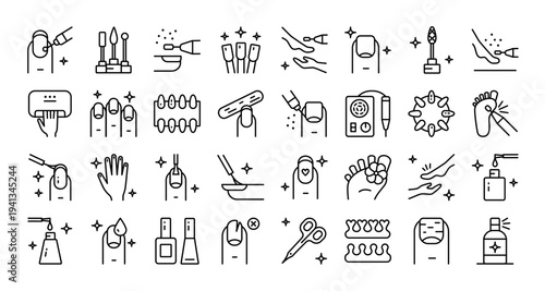 Hardware Manicure and Pedicure Icon Set: Editable Thin Outline Style for Salon Branding and Training