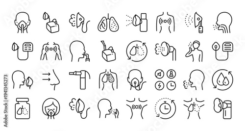 Nebulizer Device, Respiratory Mask and Asthma Inhaler Icons: Outline Set for Medical Materials