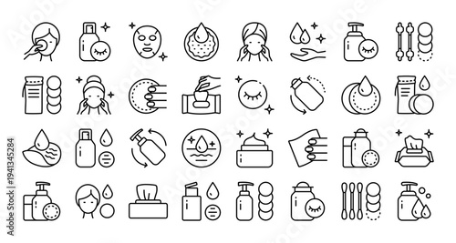 Makeup Removal and Skincare Icon Set: Simple Outline Style for Beauty Websites and Spa Branding