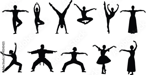 Silhouette collection of dancers and yoga practitioners performing various poses including ballet, stretching, martial arts and balance positions isolated on white background