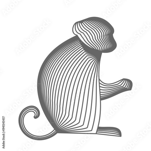 Abstract monkey illustration created with flowing curved lines in a wireframe style. Minimalist primate silhouette with striped line structure, modern design, posters, environment concepts, vector.