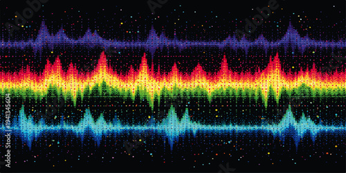 A digital medical illustration of a sound wave on a black background featuring a rhythmic pulse rate pattern and an audio equalizer line representing a heartbeat EKG cardiogram graph