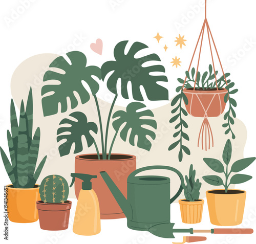 Flat vector illustration of indoor houseplants in colorful pots with monstera snake plant watering can and gardening tools on black background